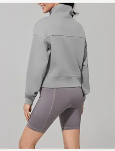 Detailed back view of a women's gray stand-collar sweatshirt for outdoor sports wear