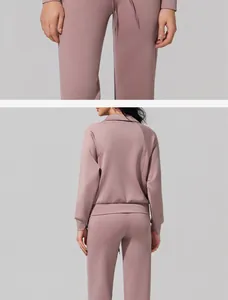 Back and front view of women's mauve sports set with half-zip sweatshirt and pants
