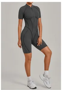 Full-body view of a dark grey one-piece yoga bodysuit with stand collar and zipper.