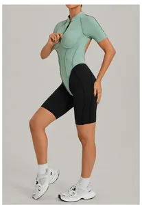 Side view detail of a mint green and black contrast backless fitness bodysuit for women