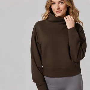 Warm brown high-neck sweatshirt for women with loose fit, outdoor casual sports style