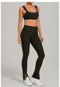 Professional dark grey brushed yoga set featuring leggings with snap button side slits