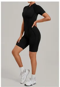 Professional black stand collar half-zip yoga bodysuit for women with athletic seams