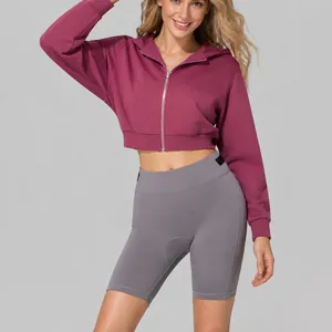 Cropped burgundy zip-up hoodie for women, slim fit athletic sweatshirt with hood style