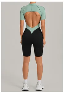 Detailed back view of a color-block open-back fitness jumpsuit for yoga and running.