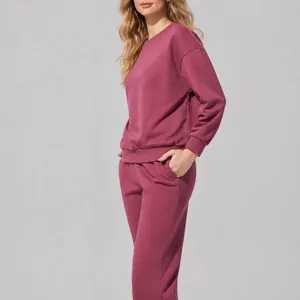 Chándal casual de dos piezas para mujer con sudadera de cuello redondo y joggers malva