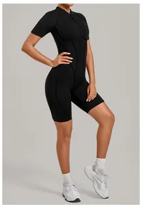 Side view of a slim-fit black yoga bodysuit with half-zipper and athletic seam details.