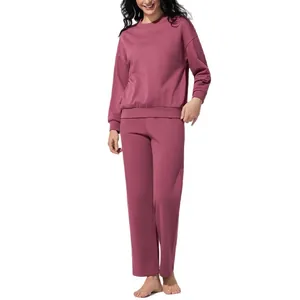 Conjunto de chándal de dos piezas malva informal con sudadera de cuello y pantalón largo