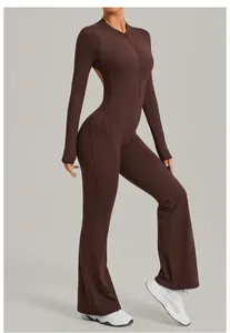 Brown long sleeve zip-up flared yoga jumpsuit for fitness and running gym wear