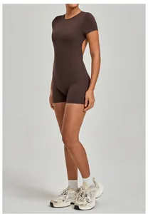 Detailed side view of chocolate brown backless short-sleeve athletic yoga bodysuit