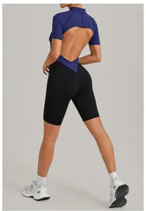 Backless short sleeve athletic yoga bodysuit with colorblock design and high neck