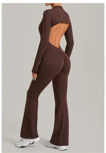 Detailed back view of brown flare-leg yoga jumpsuit with cutout back and ruched detail.