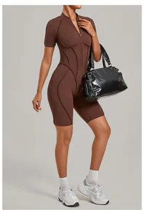 Brown high-waisted yoga bodysuit with half-zip stand collar for high-intensity fitness