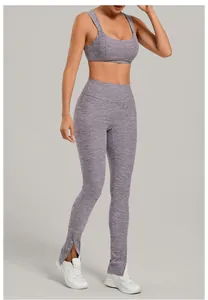 Close-up detail of a heathered purple yoga set featuring leggings with side button slits.