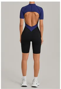 Detailed back view of a blue and black backless athletic bodysuit with mock neck design