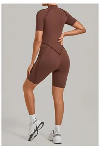 Detailed back view of a slim-fit brown one-piece yoga jumpsuit for high-intensity workouts