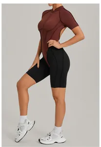 Side view of a backless color-contrast athletic bodysuit with a stand collar and front zipper.