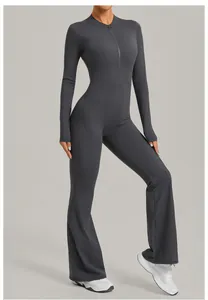 Women's long sleeve one-piece yoga jumpsuit with flared legs and front zipper design