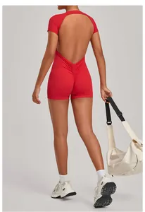 Back view of a red backless yoga bodysuit featuring athletic butt-lifting ruched detail.