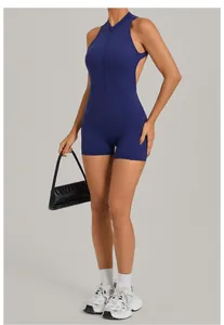 Body da yoga blu scuro con zip e schiena scoperta per fitness e sport all'aperto.