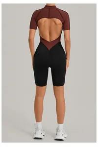 Back view detail of a mock neck backless sports yoga bodysuit in brown and black color.