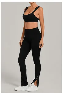Full view of a high quality black yoga set featuring snap button split leggings