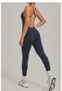Achteraanzicht van een donkerblauwe backless yoga bodysuit met gekruiste bandjes dames