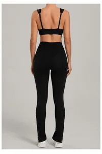 Detailed back view of a black brushed yoga set with adjustable straps and flared leggings