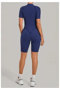 Close-up back view of navy blue one-piece yoga jumpsuit for high-intensity fitness