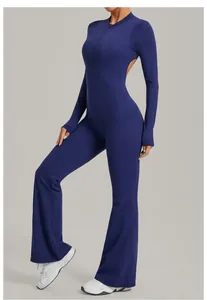 Elegant navy blue long-sleeved flare-leg yoga jumpsuit with stand-up collar and open back