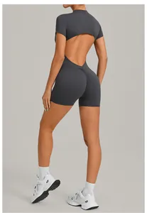 Back view of dark grey backless yoga romper with scrunch butt detail for gym and yoga
