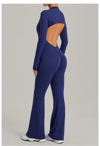 Backless long sleeve yoga jumpsuit with stand collar and flared legs in navy blue