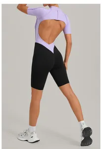 Backless colorblock athletic bodysuit in purple and black for yoga or running