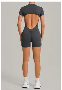 Back view of a dark gray backless sports romper with professional butt-lifting seam detail