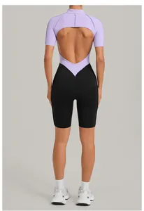 Detailed back view of a color-block fitness bodysuit featuring an open back and stand collar