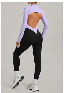 Body de fitness chic violet et noir dos nu à manches longues pour le yoga et la course