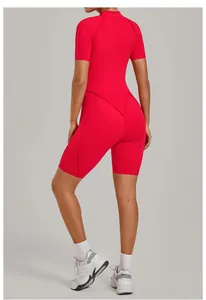 Back view of red high-strength yoga unitard with stand collar and short sleeves