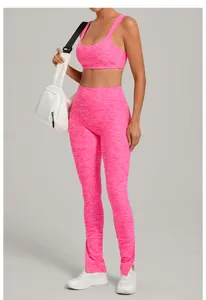 Professional pink heathered yoga set with sports bra and flared split leggings