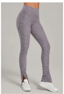 Schlag-Yogaleggings mit hoher Taille und seitlichen Druckknöpfen in meliertem Lila.