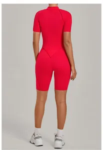 Back view of a red stand-collar yoga bodysuit for high-intensity fitness training.