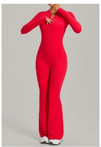 Detailed view of red long-sleeve jumpsuit featuring stand collar and flared legs
