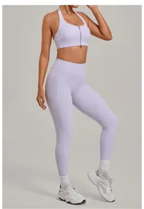Close-up of lavender yoga set with front zipper sports bra and high-waisted leggings