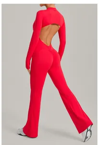 Detailed back view of a red long-sleeve flared yoga jumpsuit for athletic fitness wear