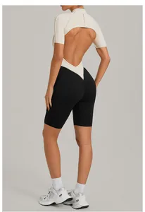 Back view of a sleek backless contrast fitness bodysuit with stand collar and zipper.