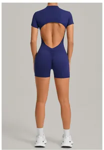 Professional navy blue backless yoga jumpsuit with scrunch butt lifting effect detail