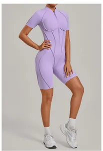 Lavender half-zip yoga jumpsuit for women, high-intensity fitness bodysuit with short sleeves
