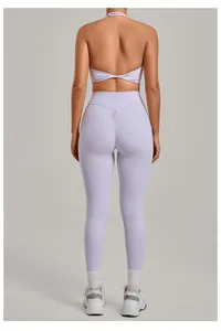 Back view of lavender bare-feel yoga set featuring high-waisted butt-lifting leggings