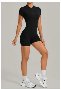 Black backless one-piece athletic bodysuit with half-zip for yoga and outdoor fitness