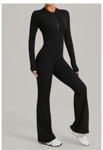 Slim-fit long-sleeve flared yoga jumpsuit in solid black with front zipper detail