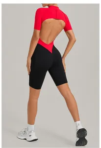 Detailed rear view of color-contrast backless fitness bodysuit with a slim and athletic fit